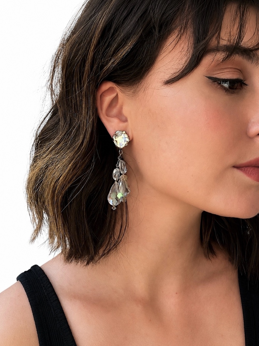 Vintage AB Crystal Clip Earrings Silver Tone Chandelier Dangle